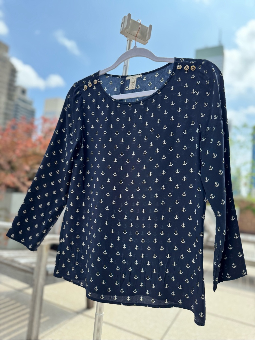 J. Crew Navy and cream Anchor-Print Long-Sleeve Top